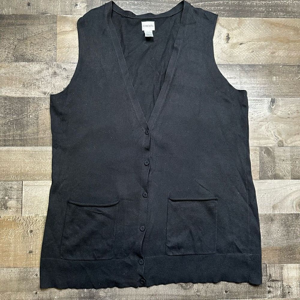 Chico’s Women’s Size 3 Cardigan Vest Black Sleeveless Pockets Button Up